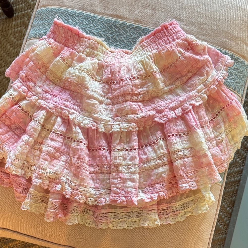 LoveShackFancy Pink and Cream Lace A-Line Skirt